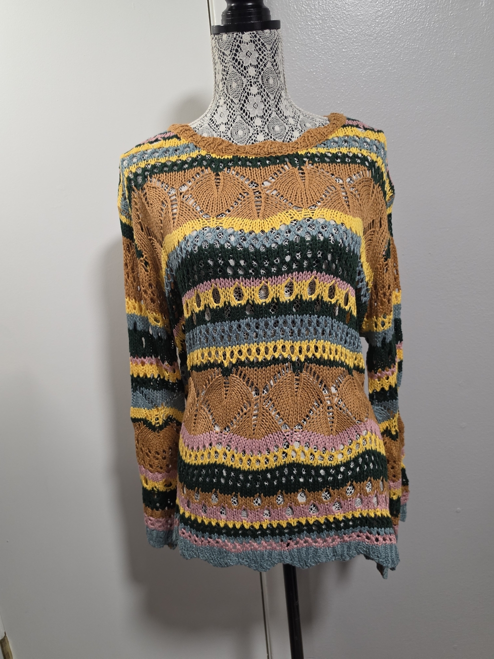 Umgee NWT Small Crochet Open Knit Boho Sweater Tunic Multicolor Oversized